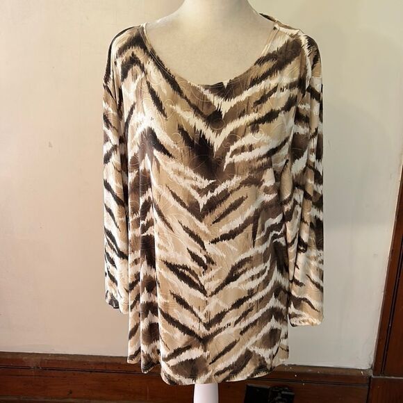 JM Collection brown tan white patterned long sleeve top Size XL - Picture 1 of 9